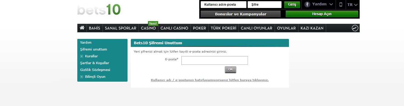 Bets10 Şifremi unuttum